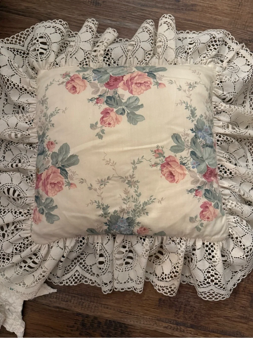 Floral Ruffled Throw Pillow in Cream with Pink & Blue Roses